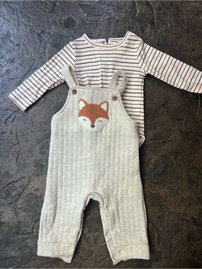 Neutral Fox Quilted Overalls with Striped Bodysuit - Beige & Rust